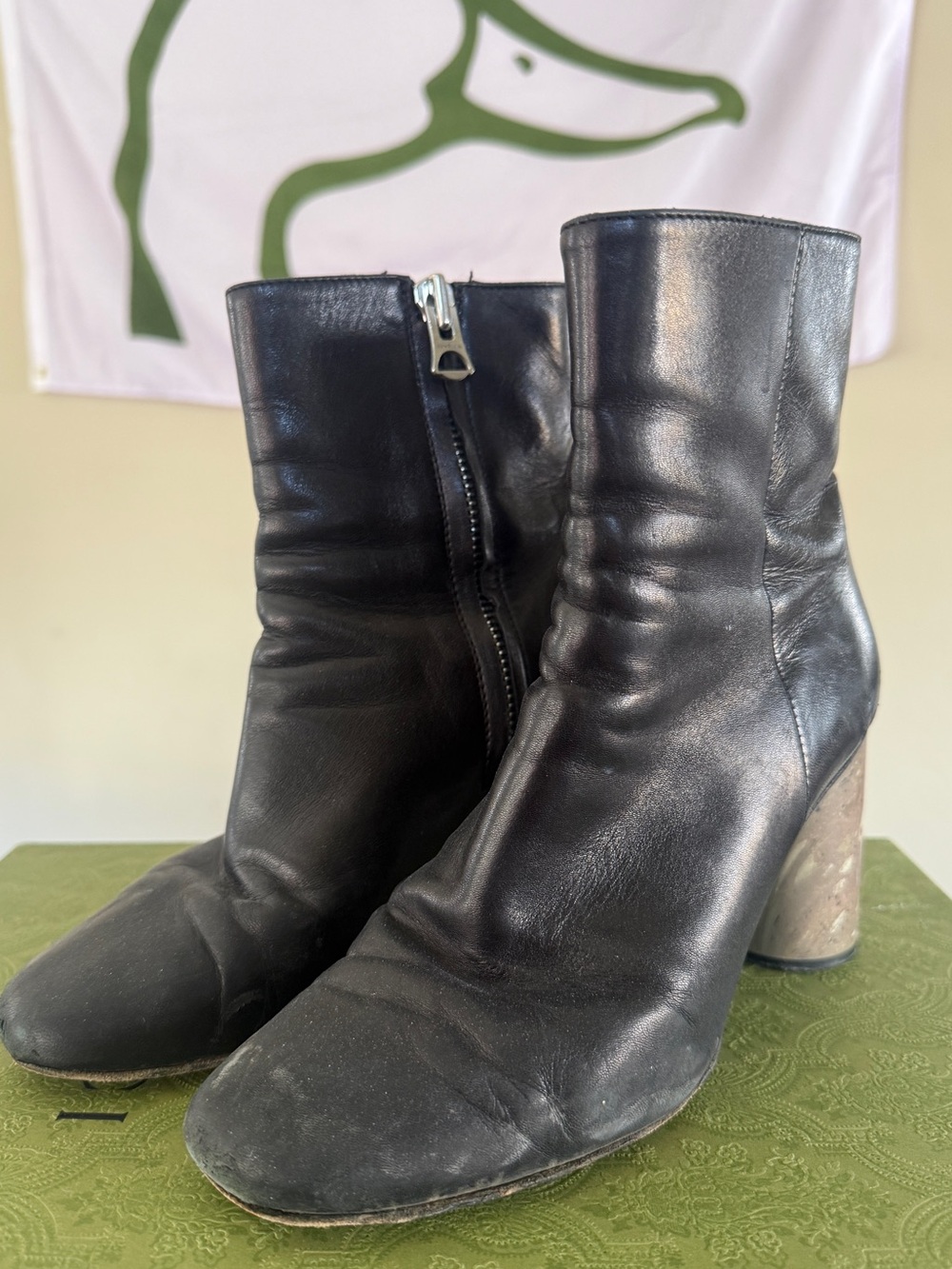 Acne Black Leather Mid-Calf Boots with Block Heel